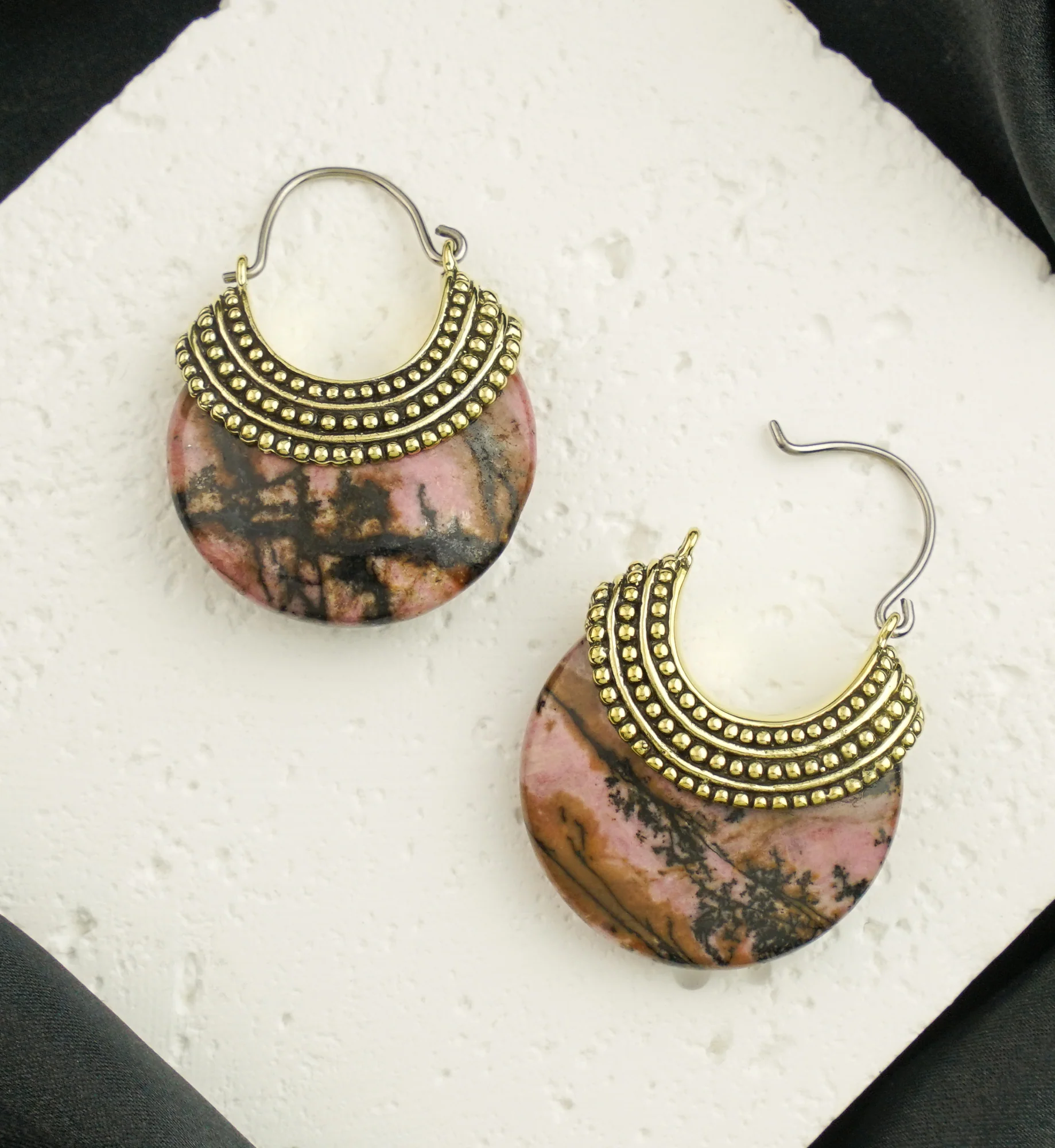 Rhodonite Beaded Brass Stone Earrings - Image 2