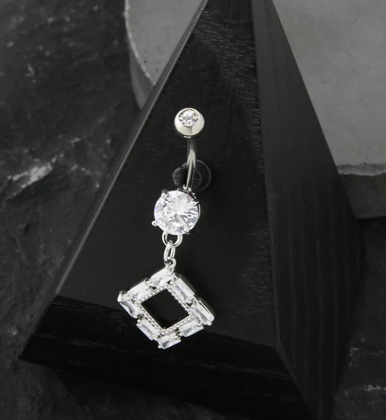 Rhombus Baguette CZ Dangle Stainless Steel Belly Button Ring - Image 2