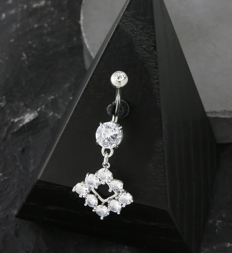 Rhombus Frame CZ Dangle Stainless Steel Belly Button Ring - Image 2