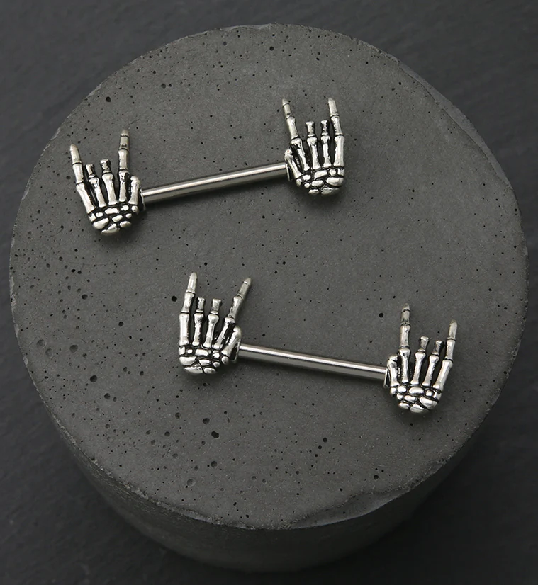 Rock On Skeleton Hand Stainless Steel Nipple Barbell - Image 2