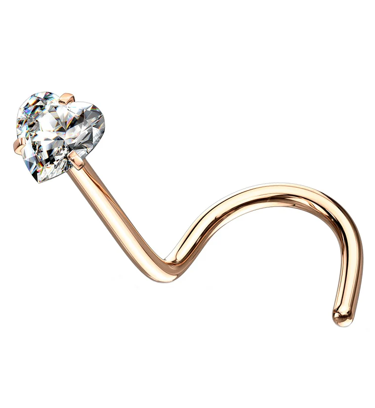 Rose Gold PVD Heart CZ Stainless Steel Nose Screw