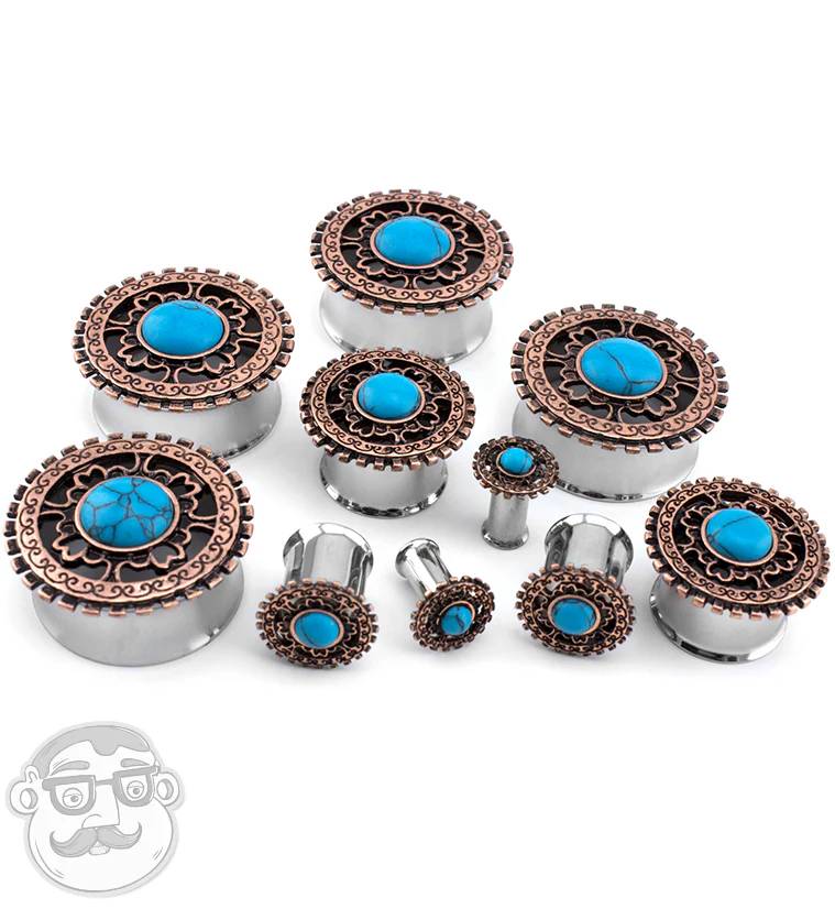 Rose Gold Lineal Top With Turquoise Inlay Steel Plugs - Image 2