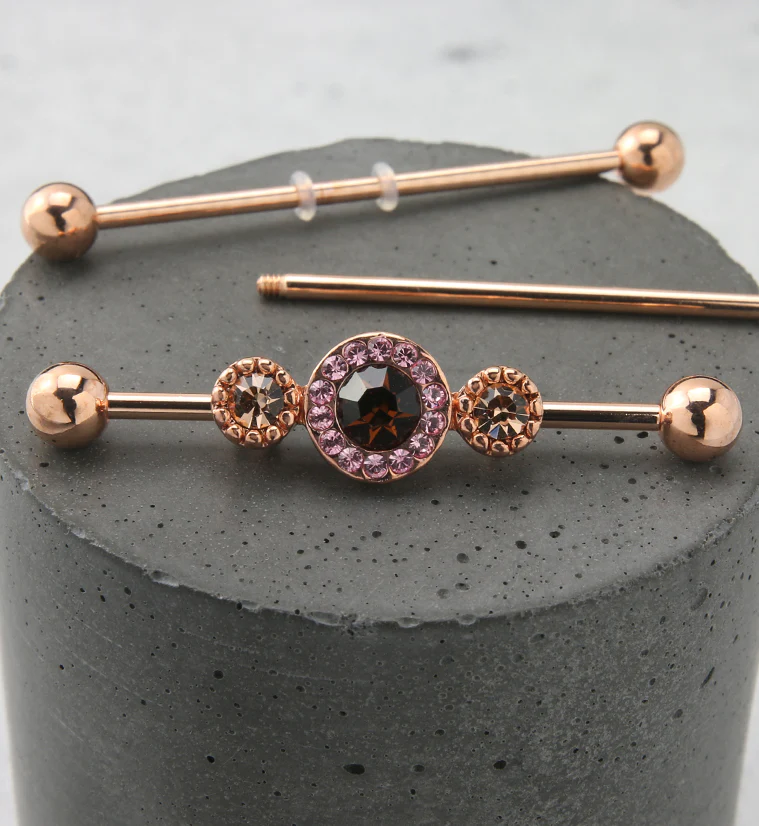 Rose Gold PVD Amber Swarovski CZ Industrial Barbell - Image 2