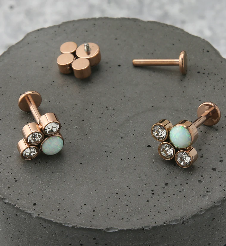 Rose Gold PVD Array White Opalite Clear CZ Titanium Internally Threaded Labret - Image 2