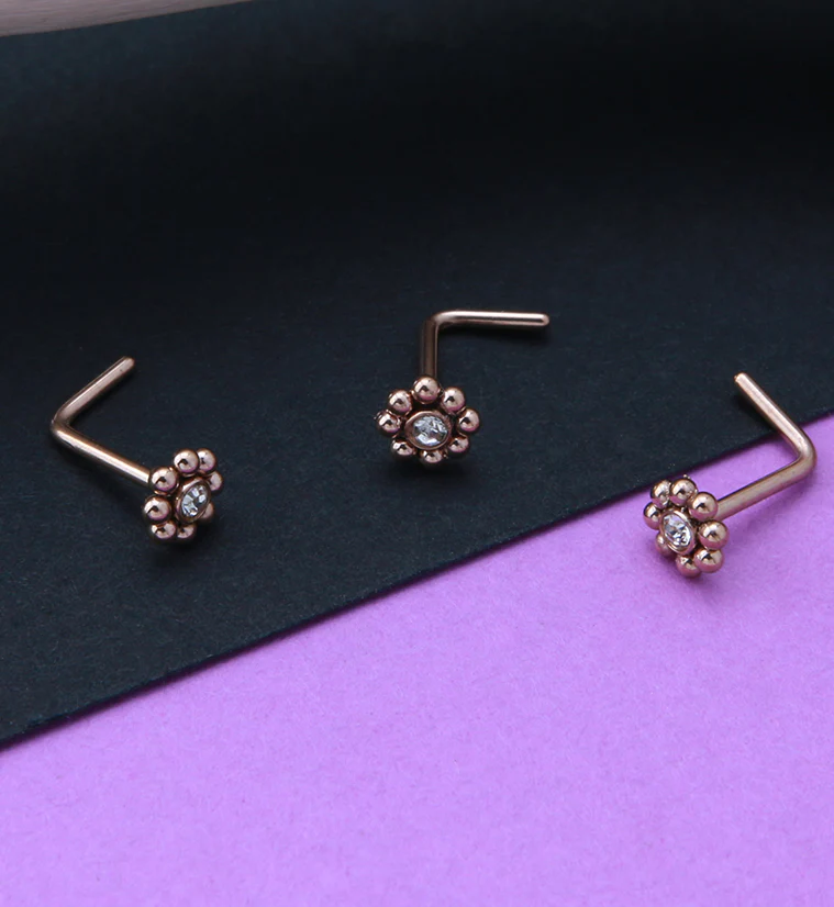 Rose Gold PVD Beaded Flower Clear CZ L Bend Nose Stud - Image 2