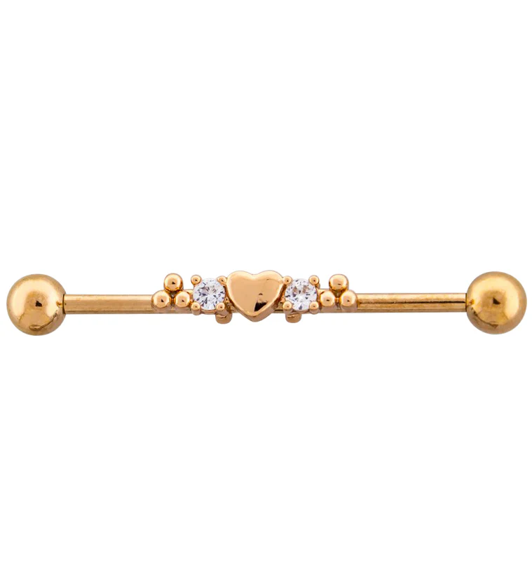 Rose Gold PVD Beaded Heart CZ Industrial Barbell