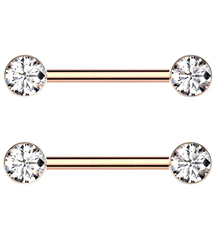 Rose Gold PVD Bezel Clear CZ Threadless Titanium Nipple Barbells