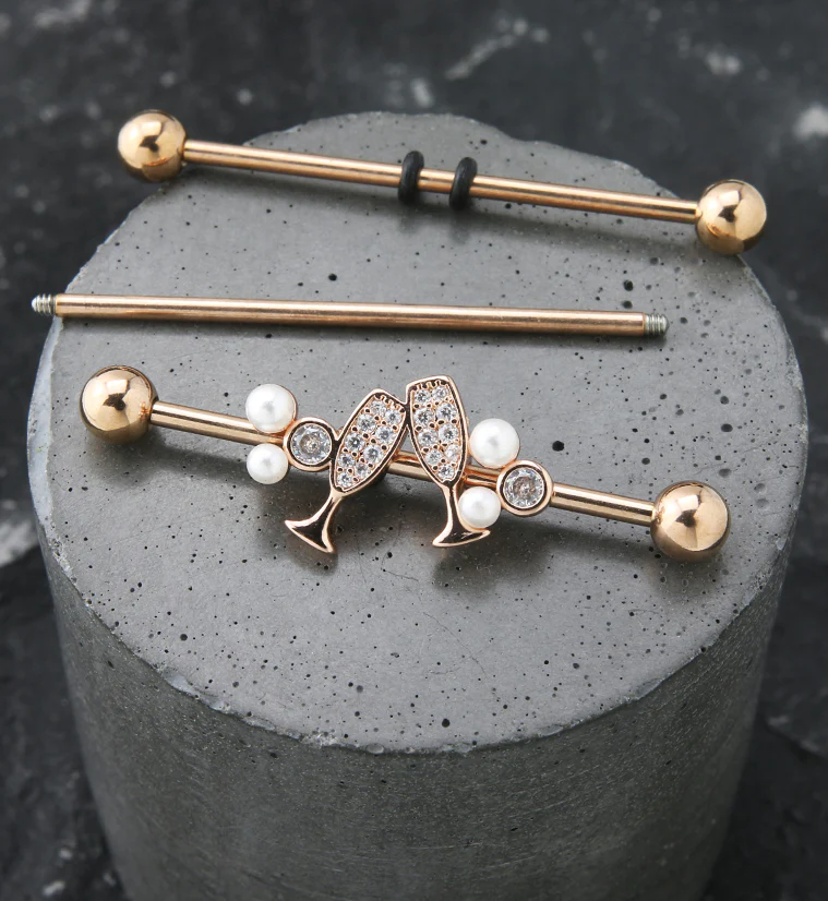 Rose Gold PVD Champagne Toast CZ Industrial Barbell - Image 2