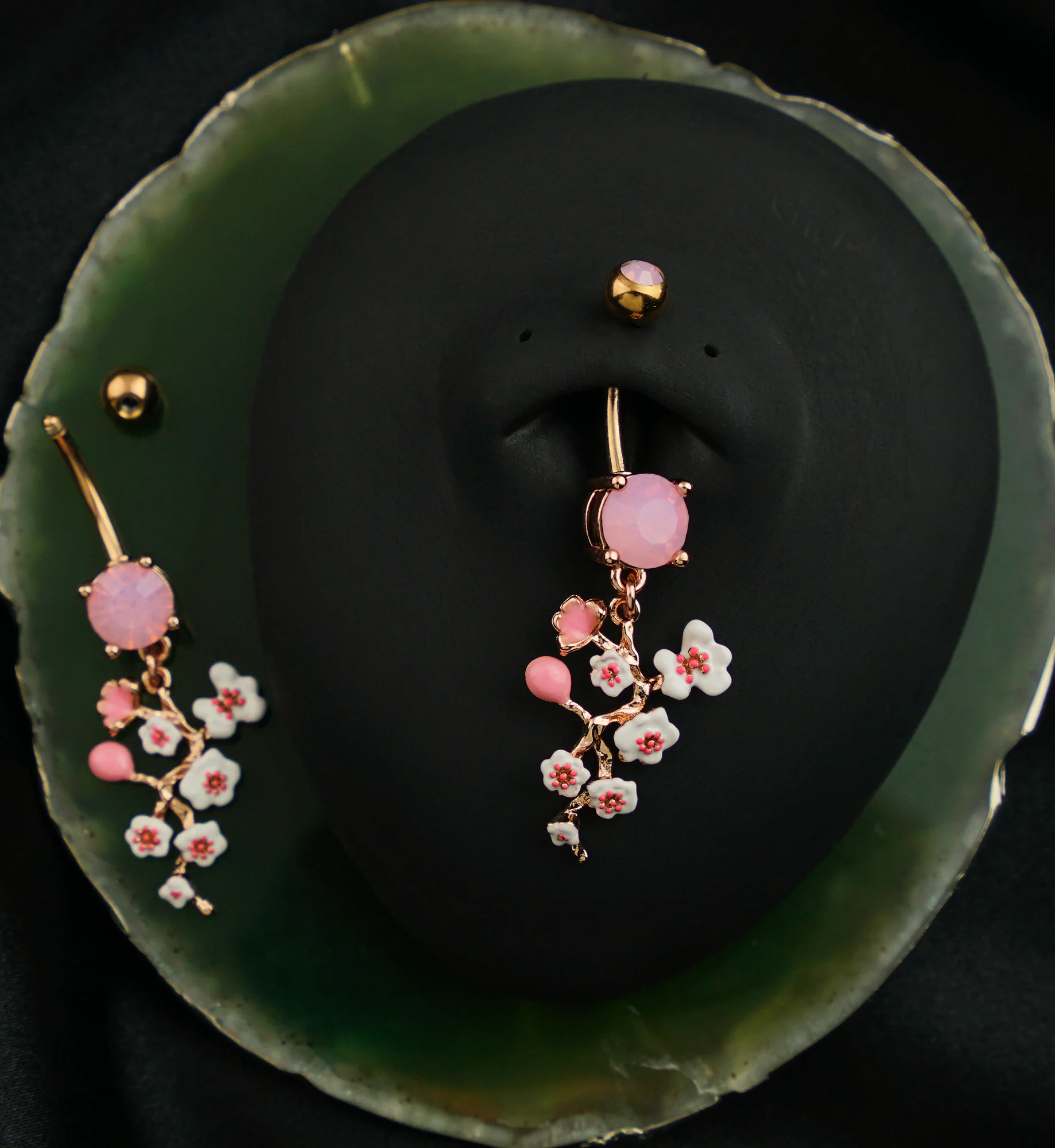 Rose Gold PVD Cherry Blossom Vine Rose Quartz CZ Stainless Steel Belly Button Ring - Image 2