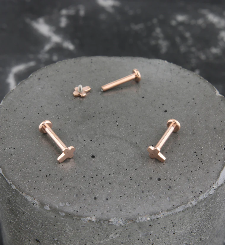Rose Gold PVD Cross Internally Threaded Titanium Labret - Image 2