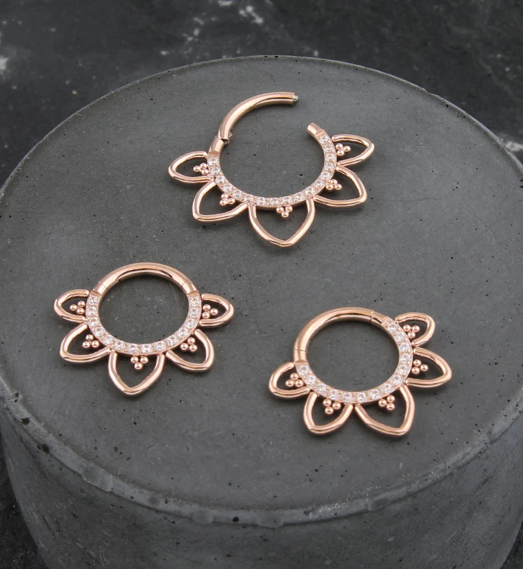 Rose Gold PVD Flower Trace Clear CZ Titanium Hinged Segment Ring - Image 2