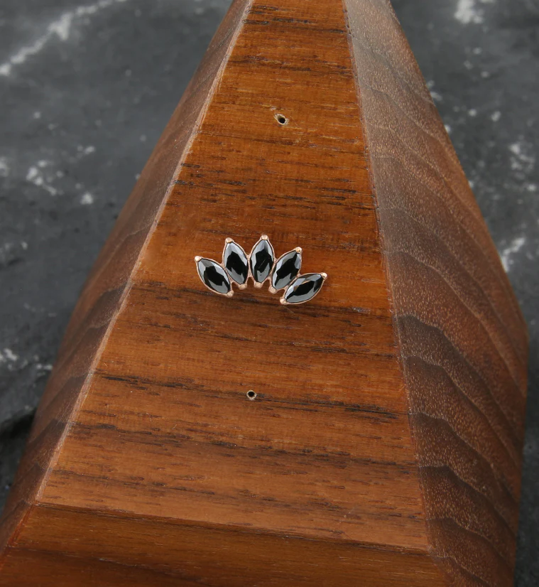 Rose Gold PVD Half Crown Black CZ Threadless Titanium Top - Image 2