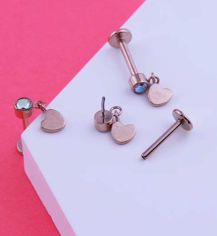 Rose Gold PVD Heart Dangle Rainbow Aurora CZ Titanium Threadless Labret - Image 2