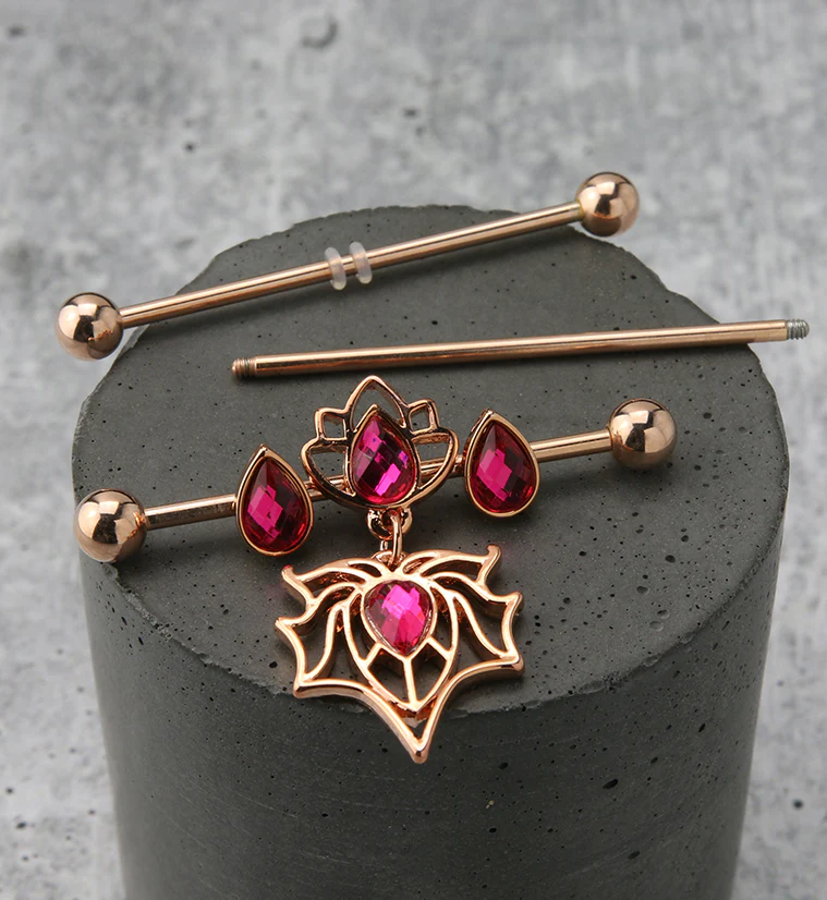 Rose Gold PVD Lotus Spider Pink CZ Industrial Barbell - Image 2