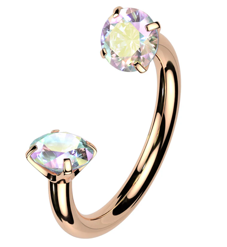 Rose Gold PVD Prong Rainbow Aurora CZ Titanium Internally Threaded Circular Barbell