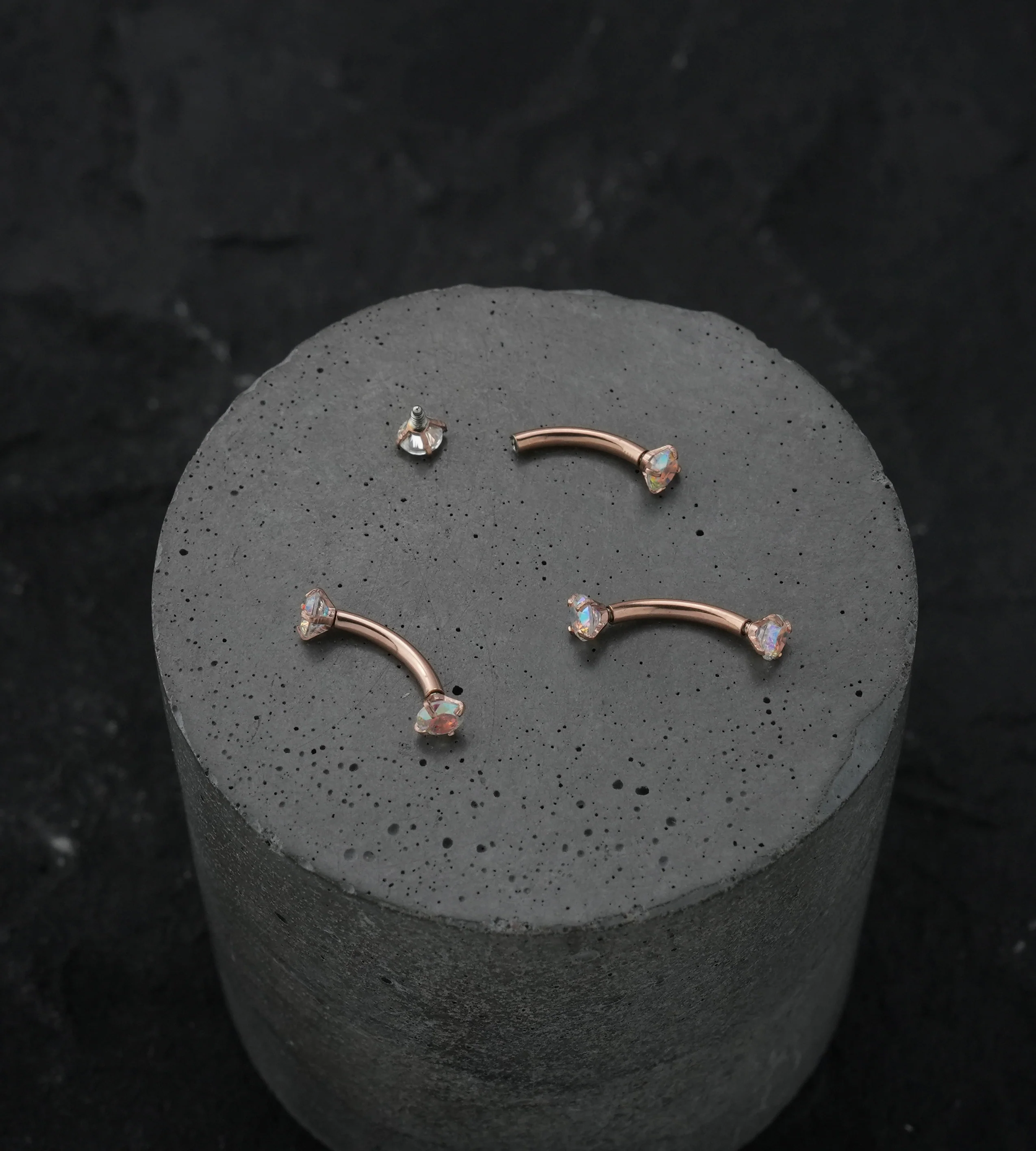 Rose Gold PVD Rainbow Aurora CZ Prong Set Stainless Steel Curved Barbell - Image 2