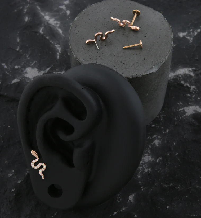 Rose Gold PVD Snake Rainbow Aurora CZ Threadless Titanium Labret - Image 2
