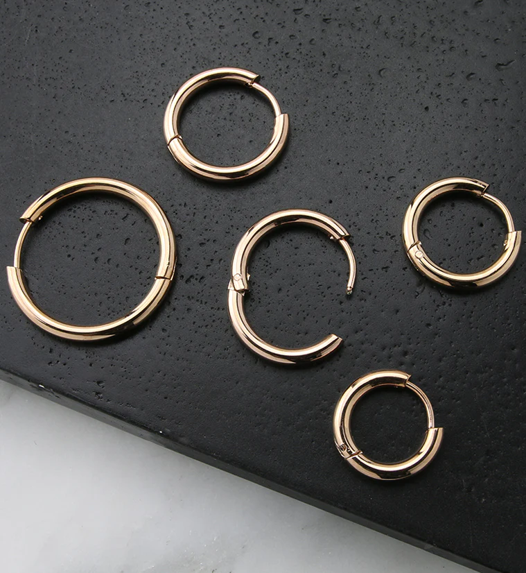 Rose Gold PVD Stainless Steel Hinged Hoop Earrings - Image 2