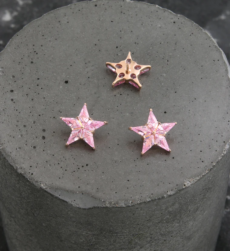 Rose Gold PVD Star Flower Pink CZ Internally Threaded Titanium Top - Image 2