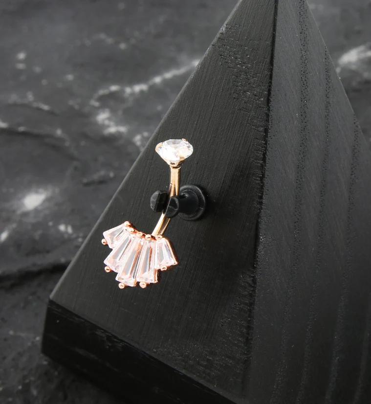 Rose Gold PVD Vane Baguette Clear CZ Belly Button Ring - Image 2