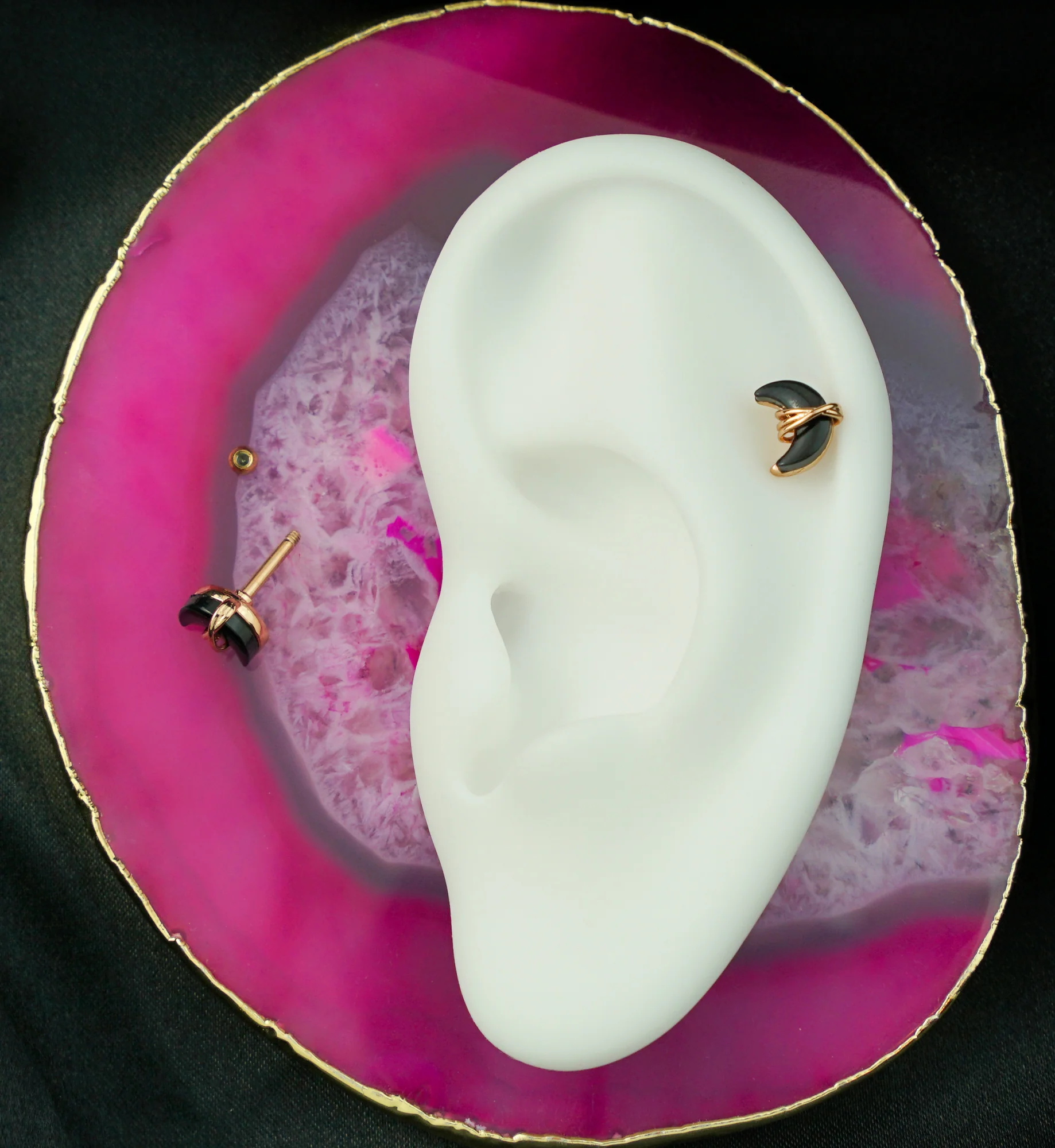 Rose Gold PVD Wrapped Black Crescent Moon Cartilage Barbell - Image 3