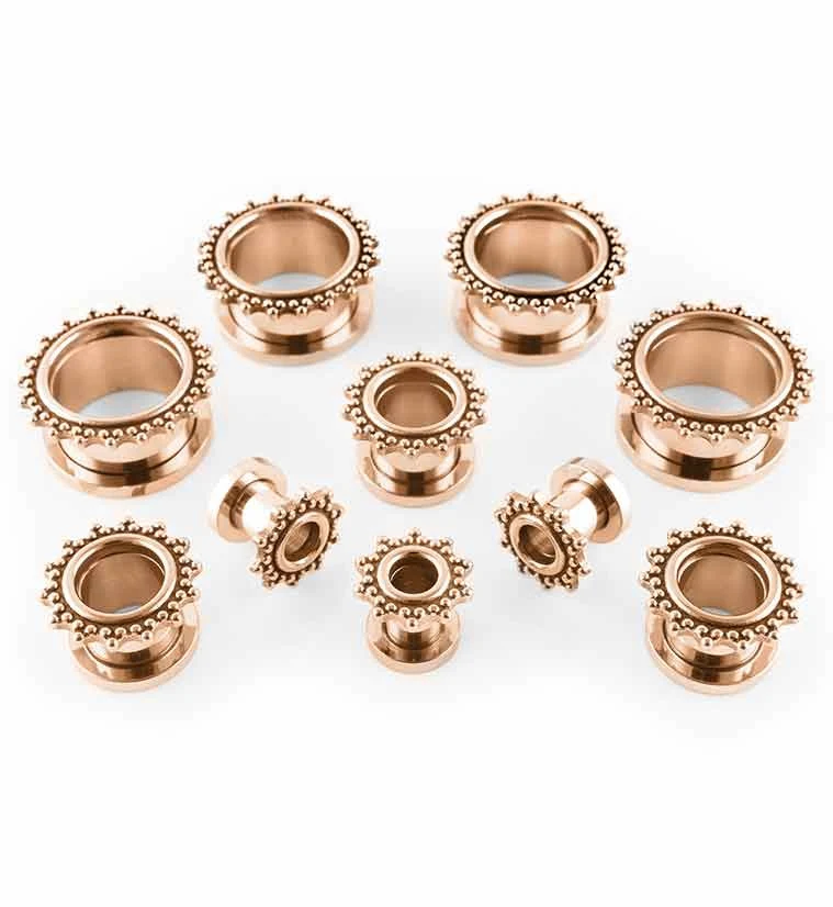 Rose Gold PVD Triple Beaded Rim Stainless Steel Tunnels - Image 2