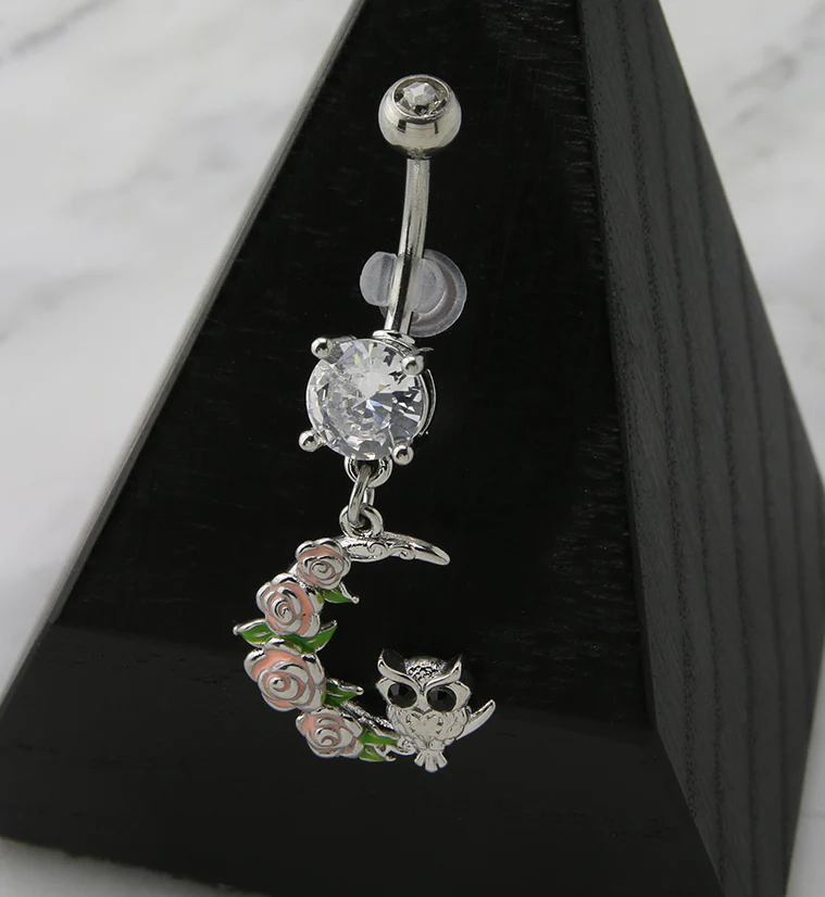 Rose Half Moon with Owl Dangle Belly Button Ring - Image 2