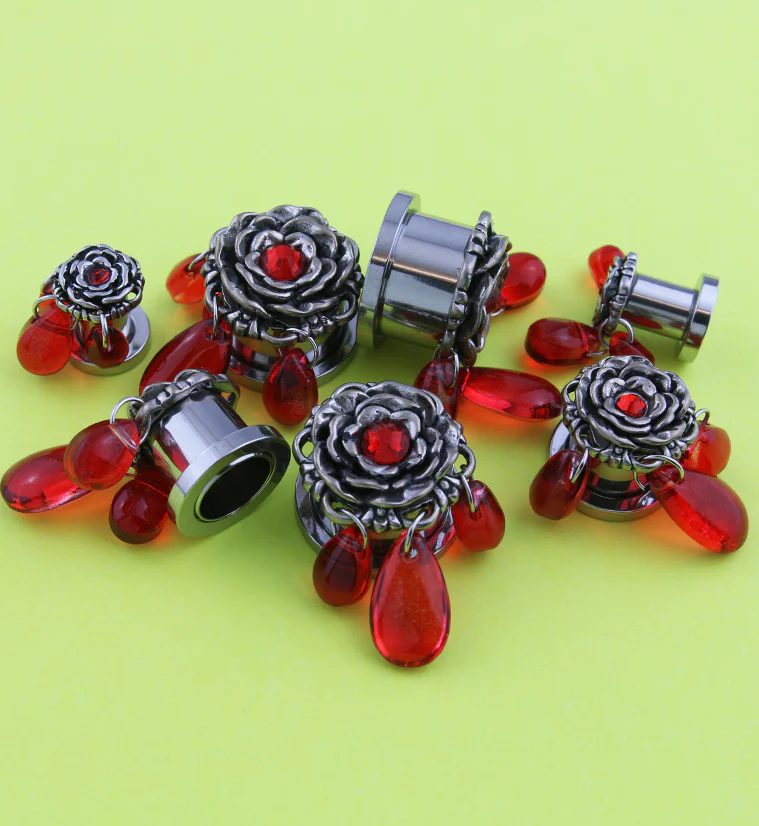 Rose Red Teardrop Dangle Stainless Steel Plugs - Image 2