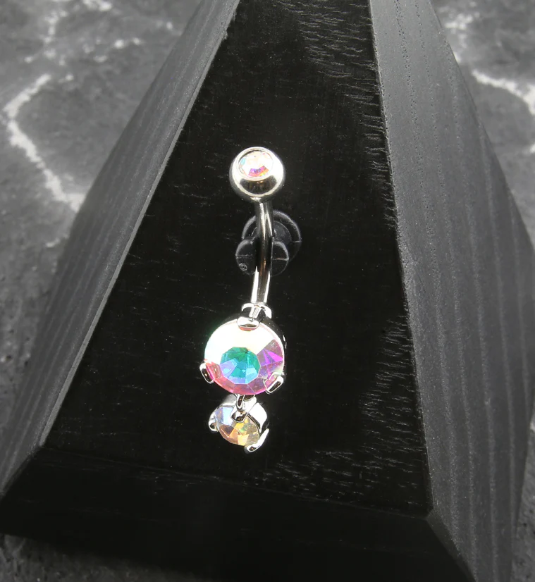 Round Rainbow Aurora CZ Dangle Stainless Steel Belly Button Ring - Image 2