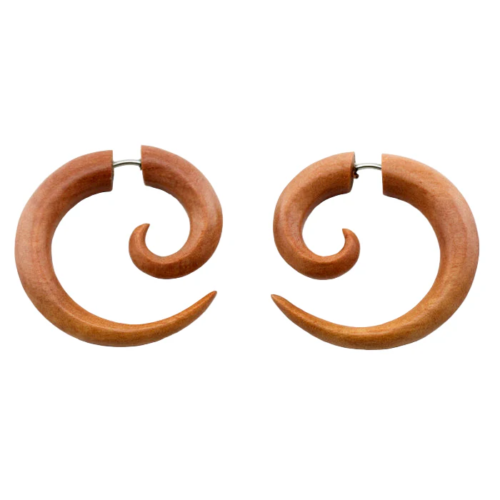 Saba Wood Fake Gauge Spirals Tribal Earrings (19G - 0.9mm)