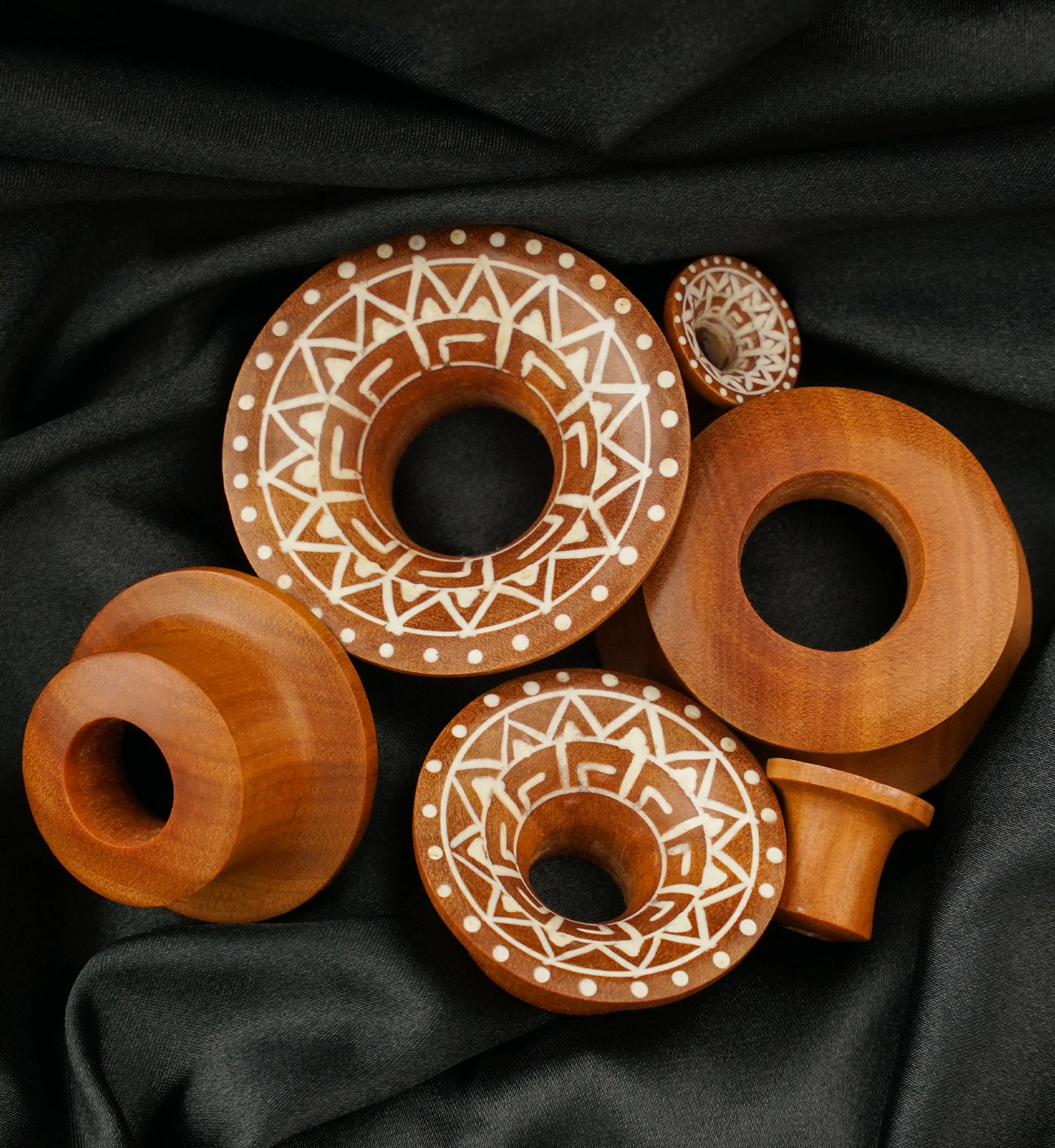 Saba Wood Mayan Flare Tunnels With Tribal Inlay - Image 3