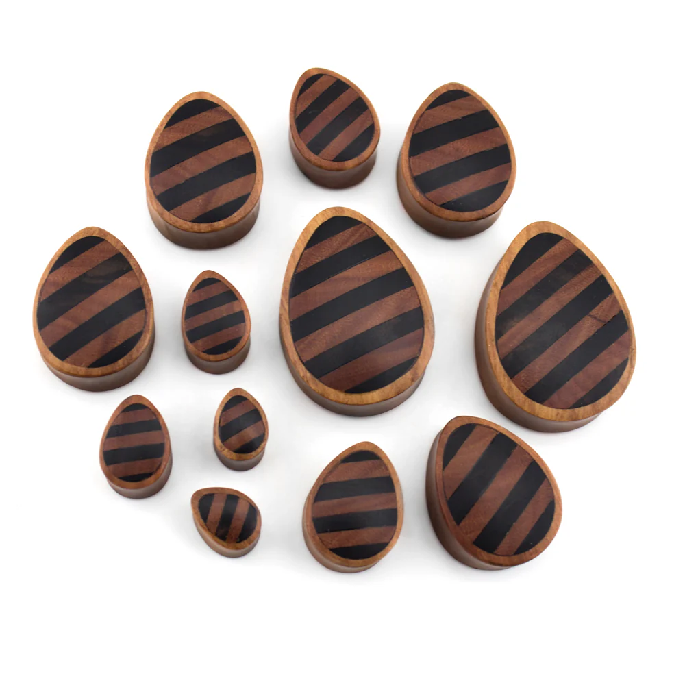 Saba Wooden Teardrop Plugs With Striped Inlay - Image 3