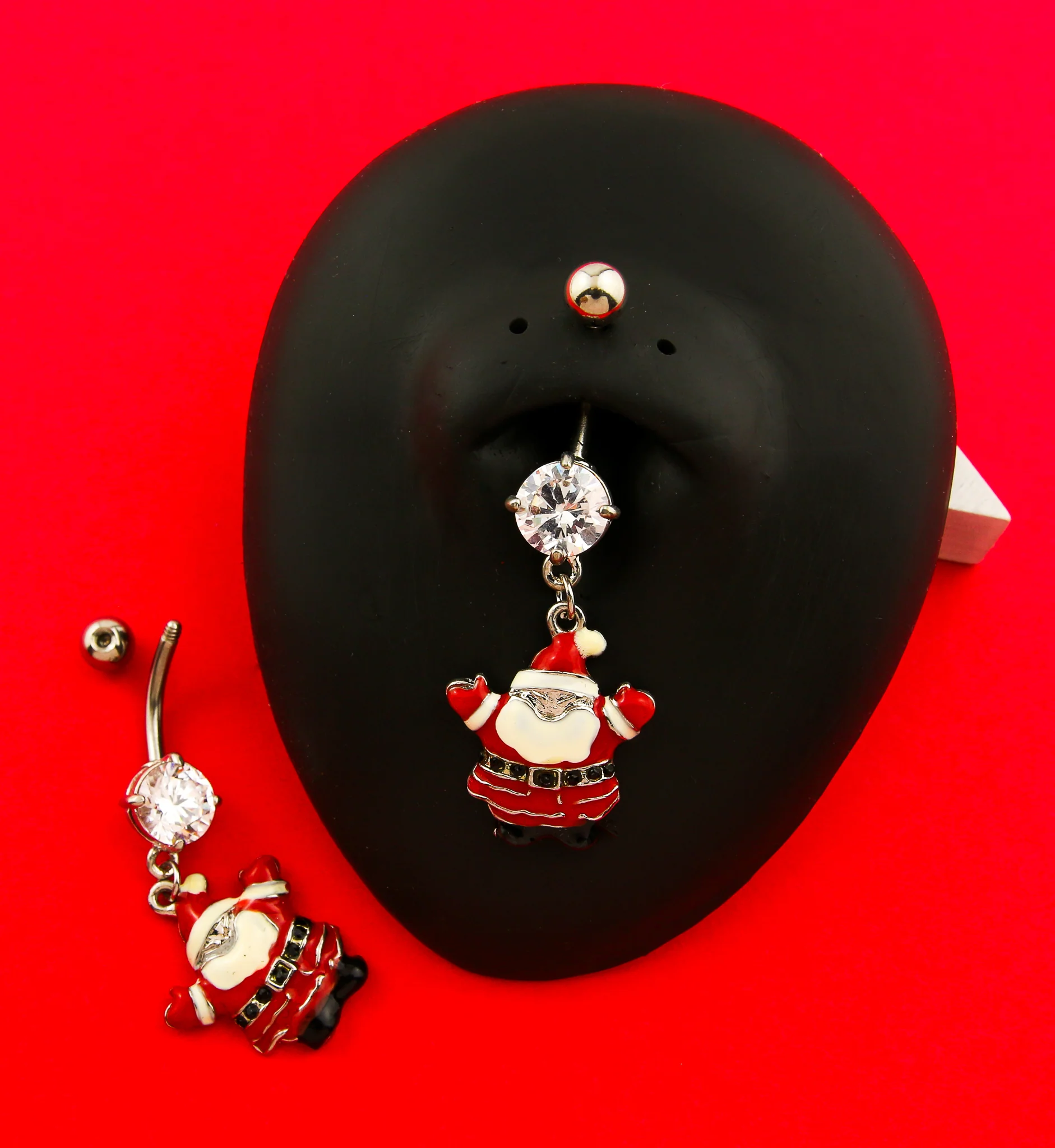 Santa Claus Dangle Clear CZ Stainless Steel Belly Button Ring - Image 2
