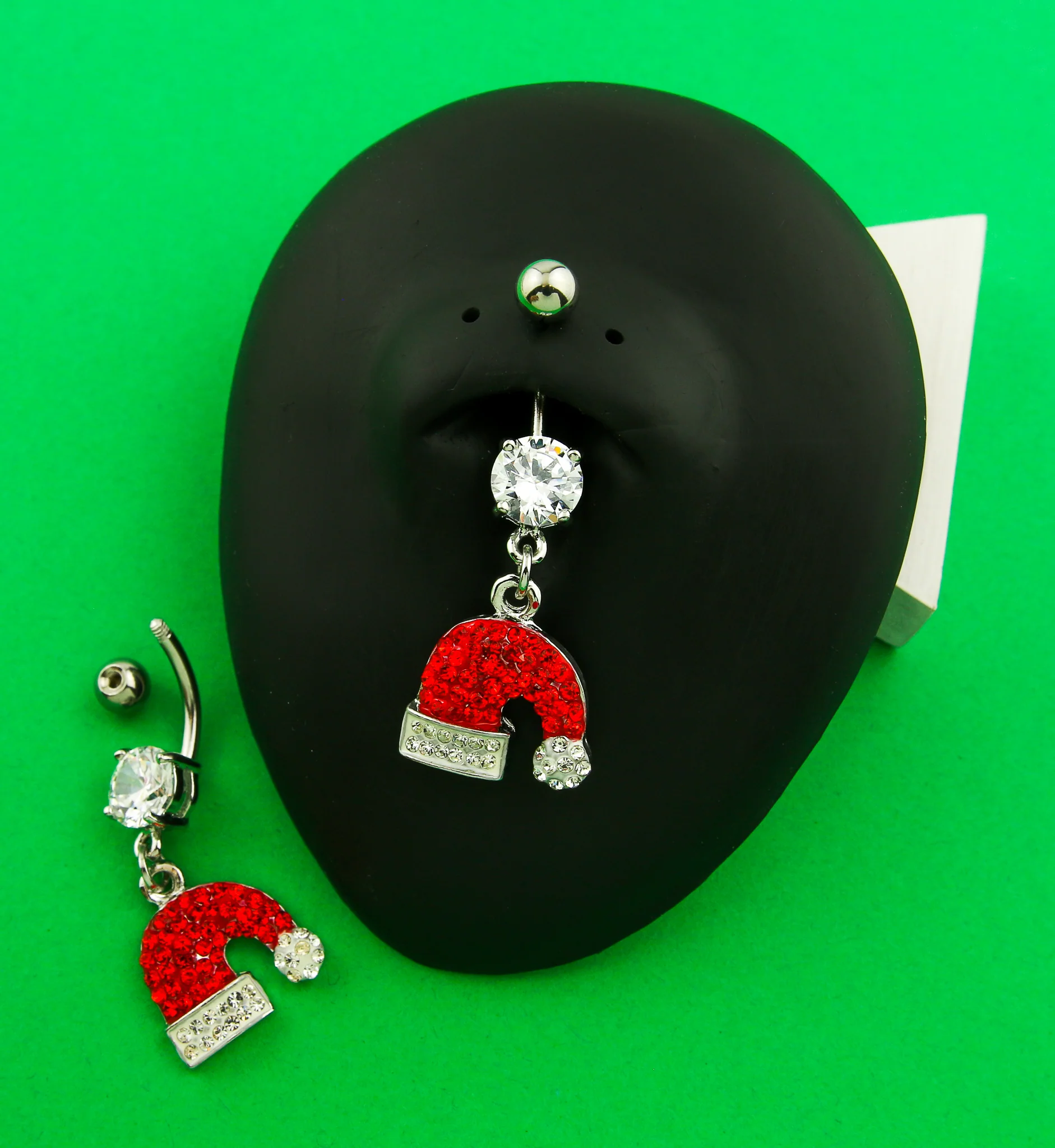 Santa Hat Dangle Red CZ Stainless Steel Belly Button Ring - Image 2