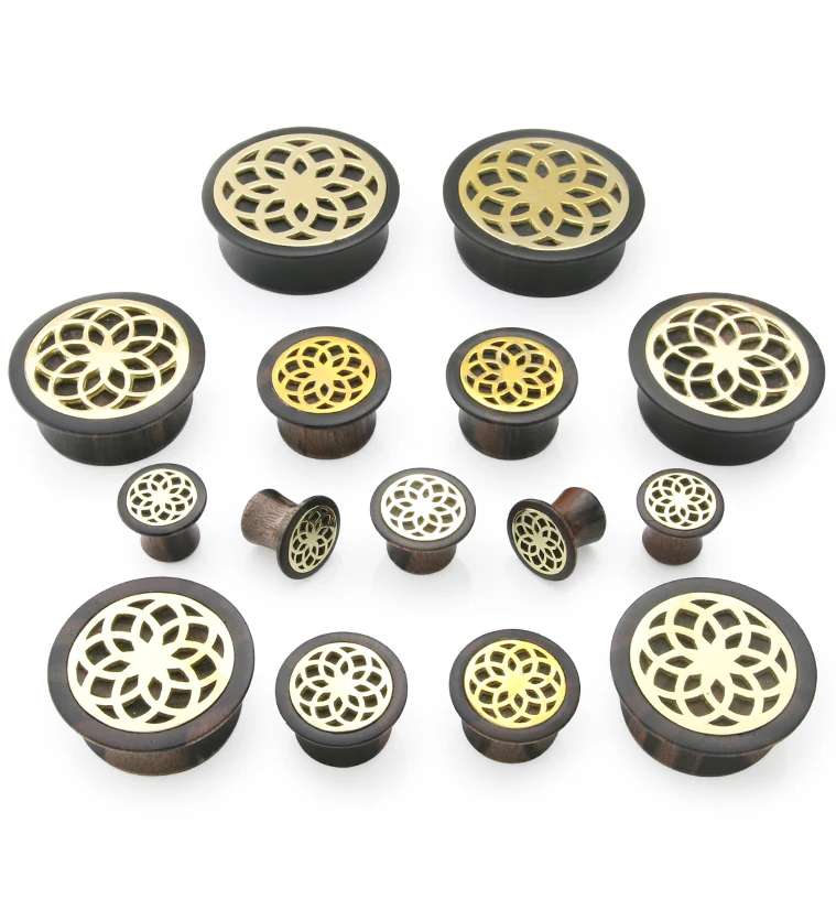 Seed of Life Brass Areng Wood Mayan Flare Plugs - Image 3