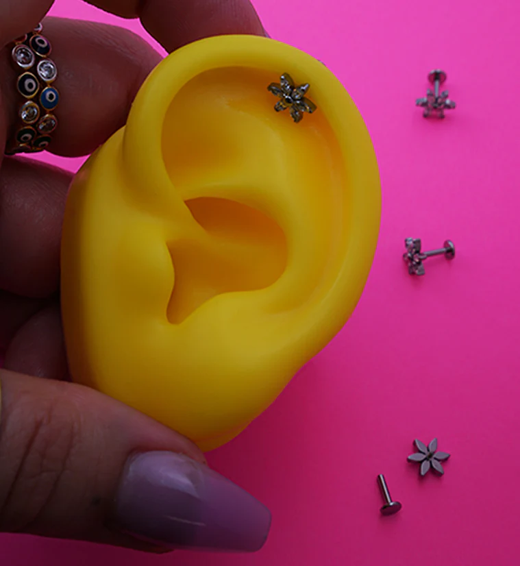 Senary Flower Clear CZ Internally Threaded Titanium Labret - Image 2