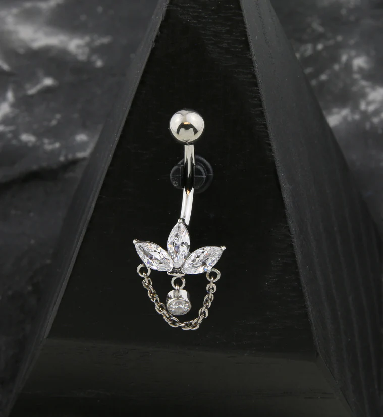 Sepal Clear CZ Dangle Internally Threaded Titanium Belly Button Ring - Image 2