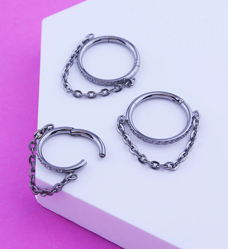 Side Facing Clear CZ Row Dangle Chain Hinged Segment Ring - Image 2