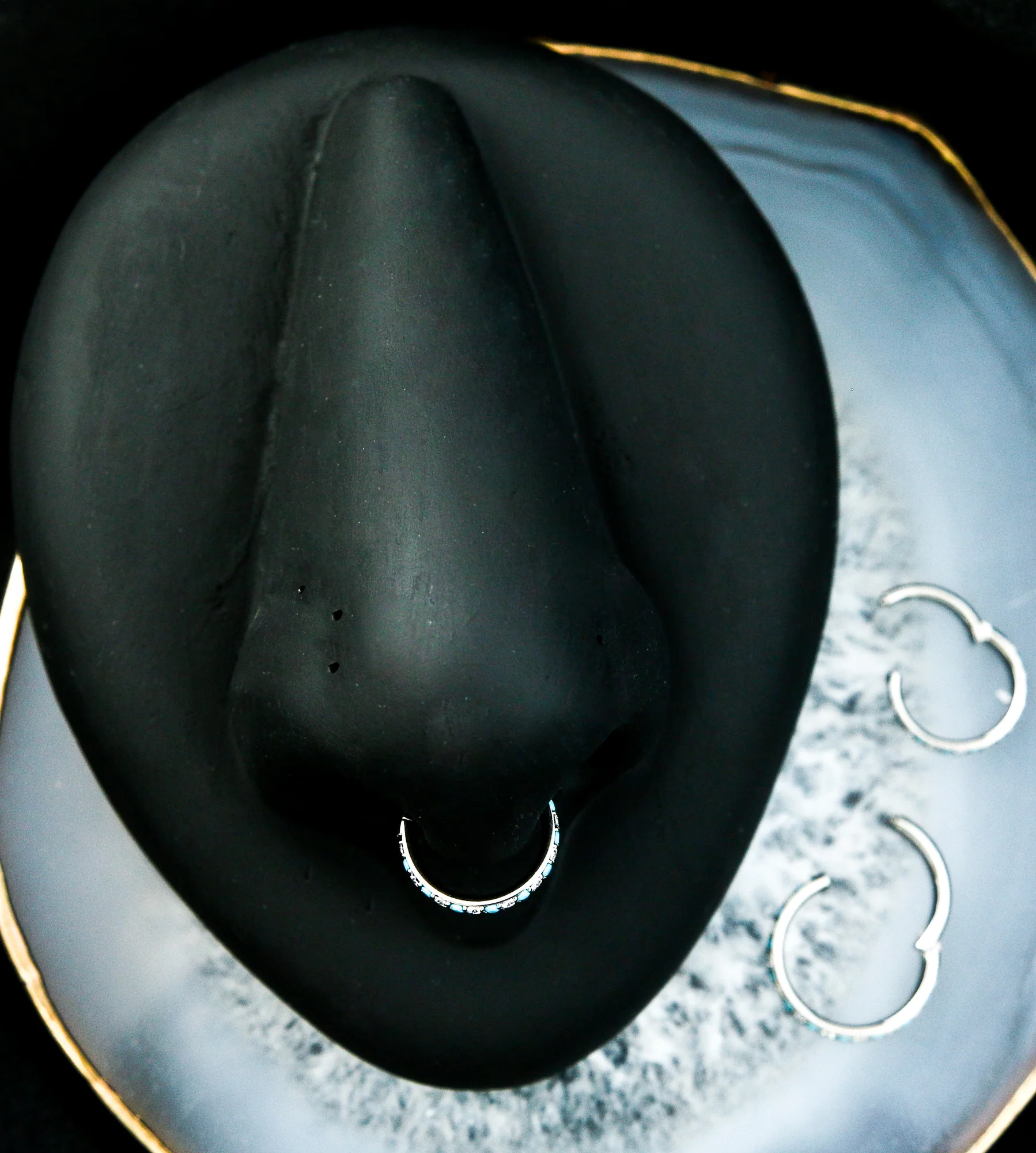 Side Facing Clear CZ Turquoise Titanium Hinged Segment Ring - Image 3