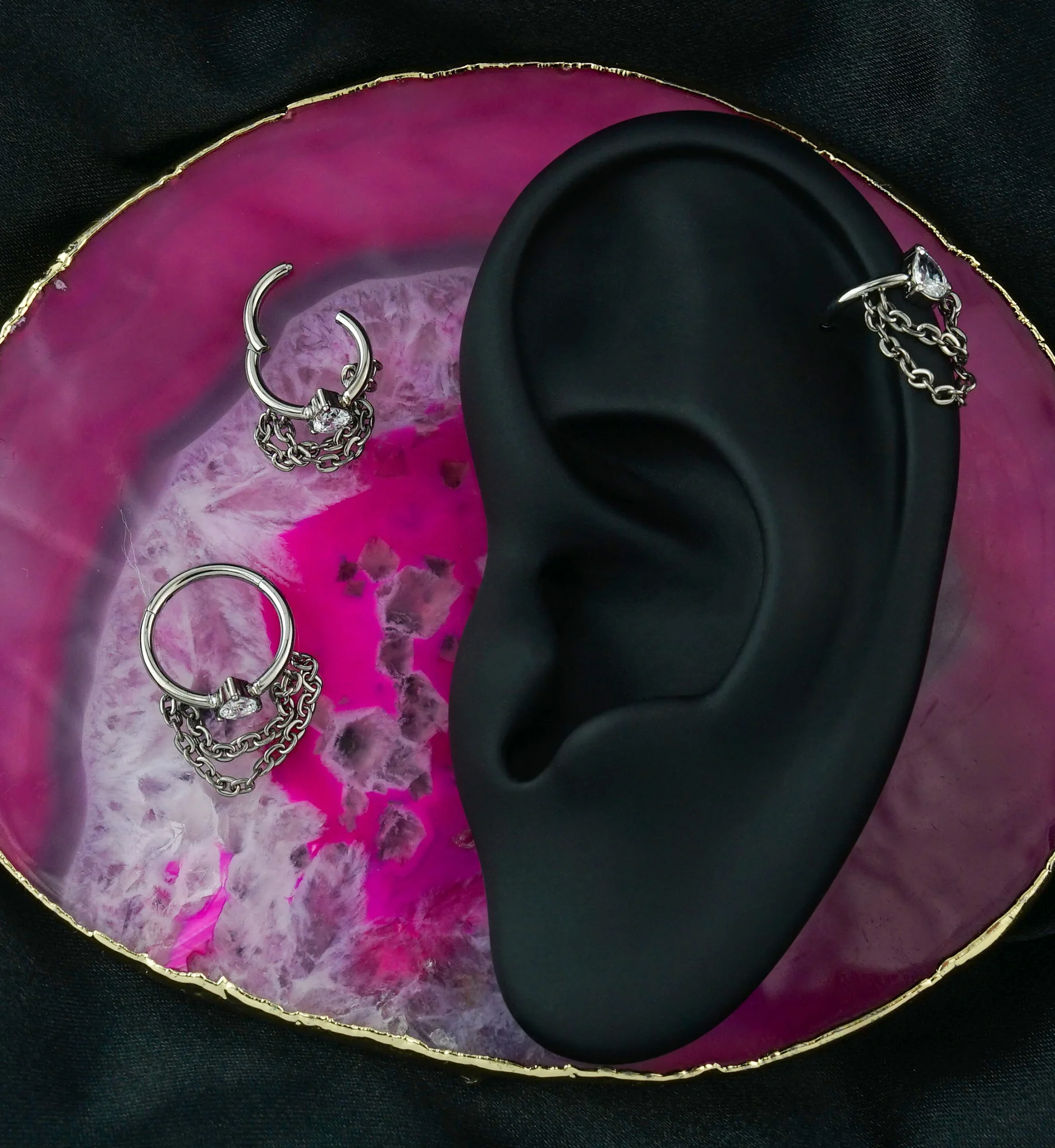Side-Facing Teardrop Clear CZ Double Dangle Chain Hinged Segment Ring - Image 2
