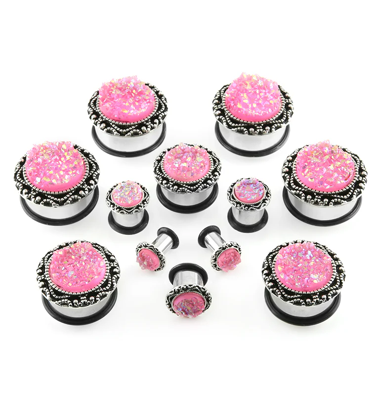 Silver Frame Pink Druzy Stone Inlay Steel Plugs - Image 2