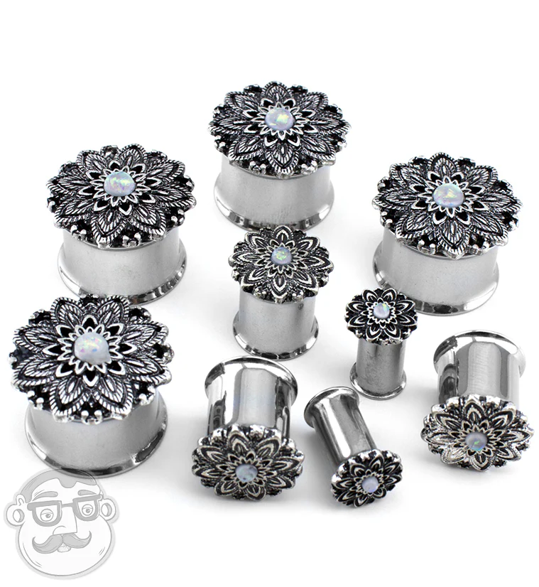 Silver Mandala Flower With Opalite Inlay Steel Plugs - Image 2