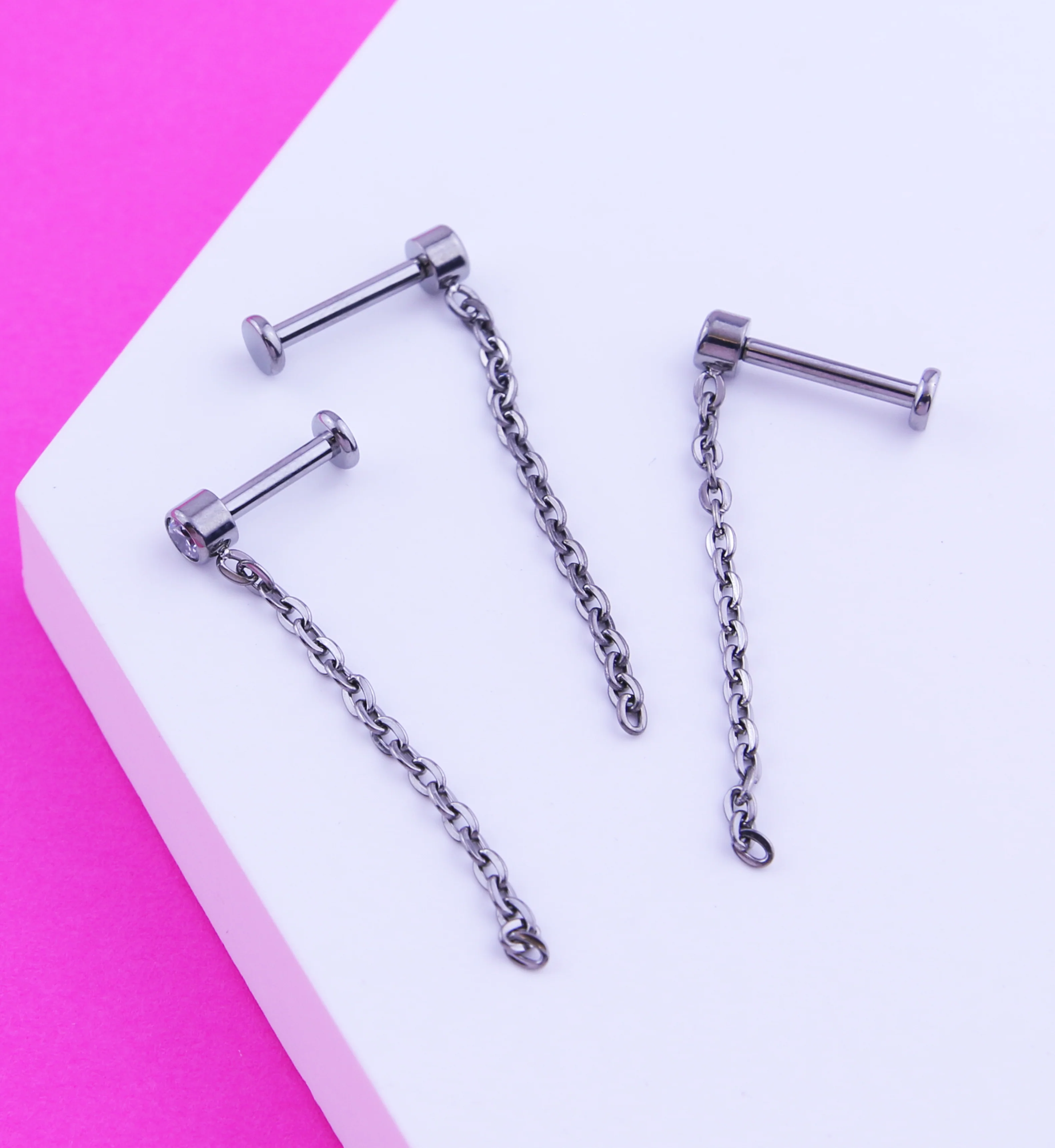 Single Dangle Chain Clear CZ Internally Threaded Titanium Labret - Image 2
