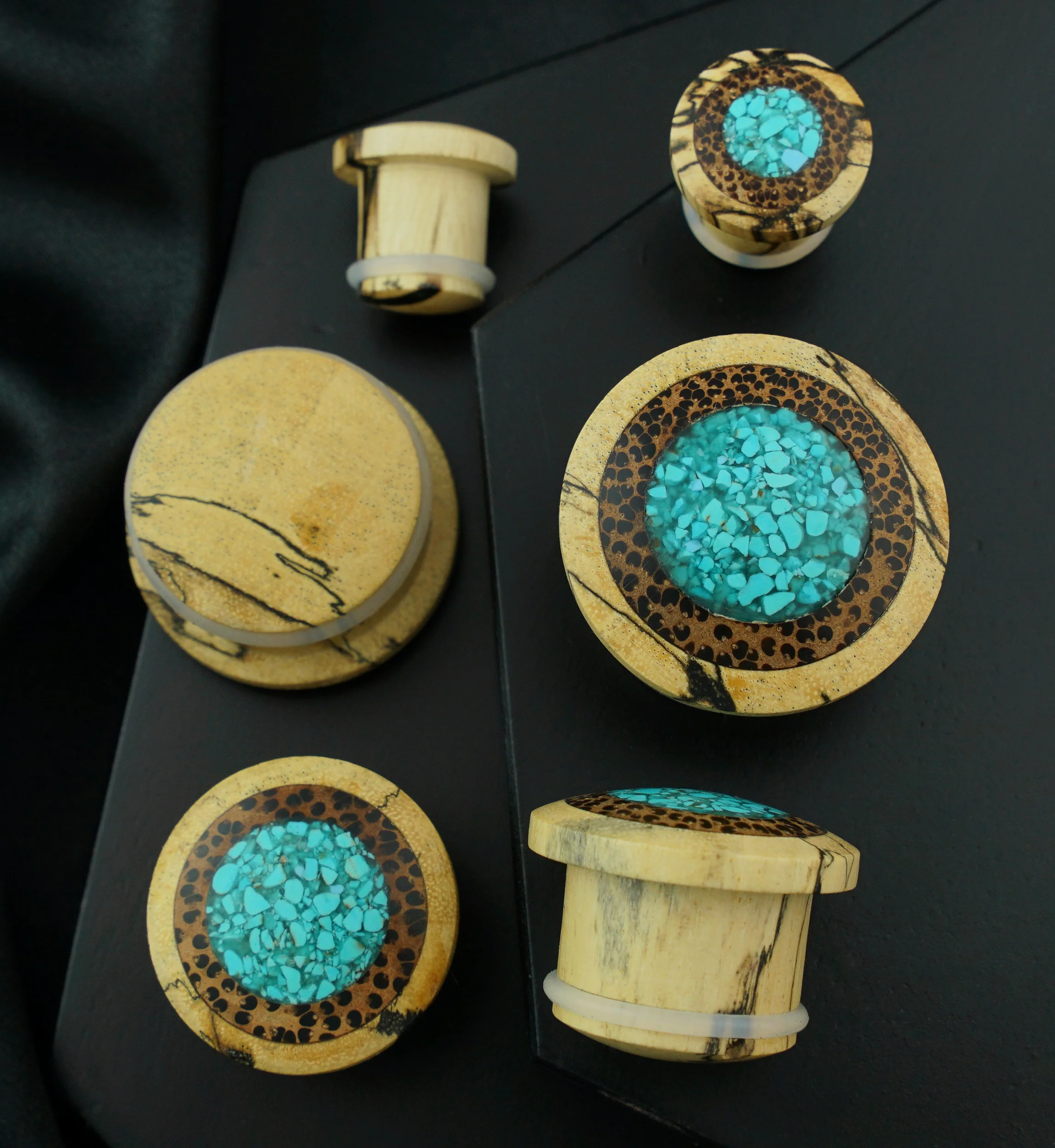 Single Flare Tamarind Wood Plugs with Coconut & Turquoise Inlay - Image 2