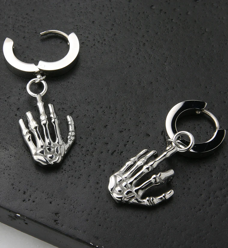 Skeleton Hand Stainless Steel Huggie Earrings - Image 2