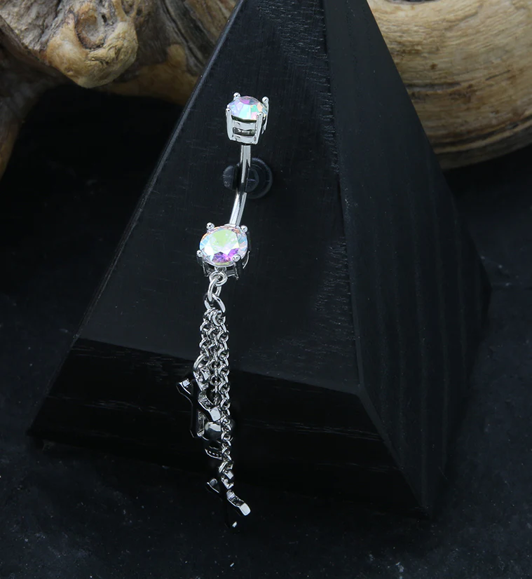 Skull Cross Dangle Rainbow Aurora CZ Stainless Steel Belly Button Ring - Image 2
