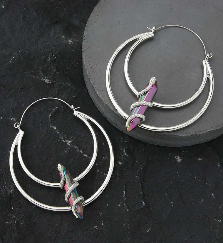 Snake Wrapped Rainbow Aurora Crystal Stainless Steel Plug Hoops - Image 2