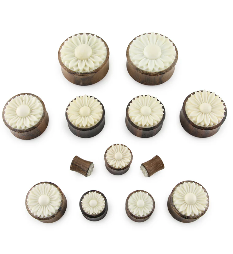 Areng Wooden Plugs With Carved Bone Daisy Flower Inlay - Image 2
