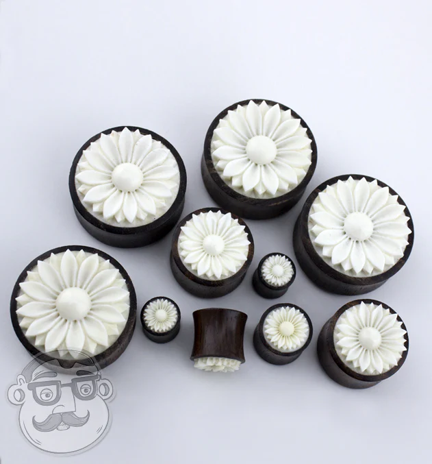 Areng Wooden Plugs With Carved Bone Daisy Flower Inlay - Image 3