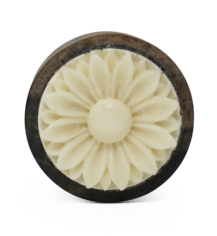 Areng Wooden Plugs With Carved Bone Daisy Flower Inlay - Image 4